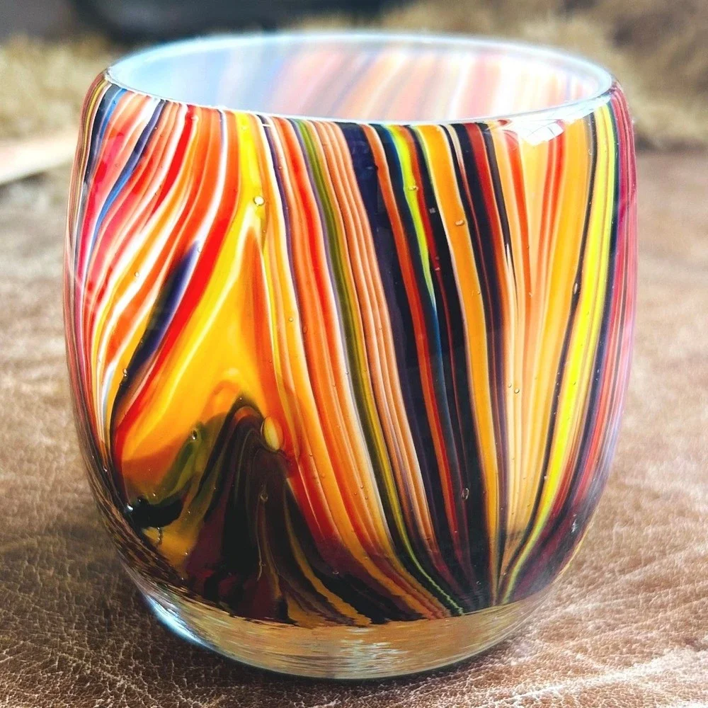 Hand Blown Art Glass Votive Candle Holder Multi Color Striped White Interior 3.5